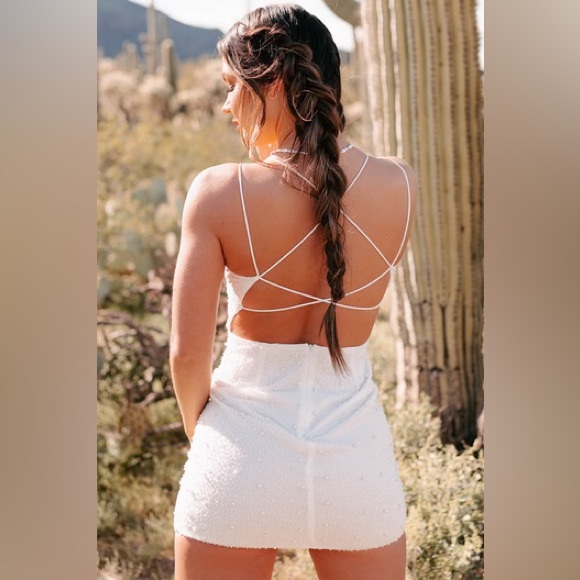 Time Of Our Lives Beaded Mesh Backless Mini Dress (White) - Picture 3 of 4